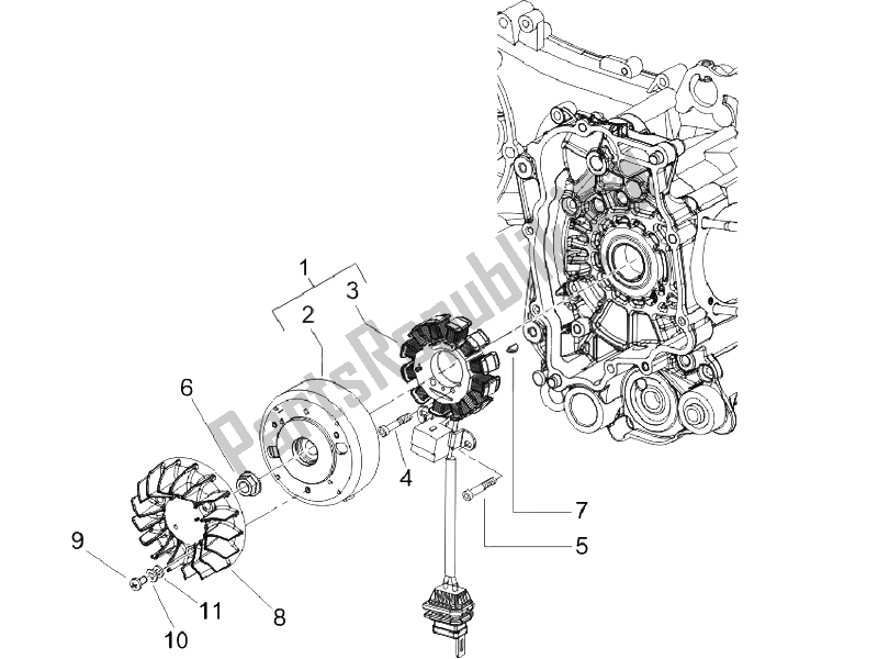 Alle onderdelen voor de Vliegwiel Magneto van de Vespa S 150 4T IE E3 Vietnam Indonesia 2011