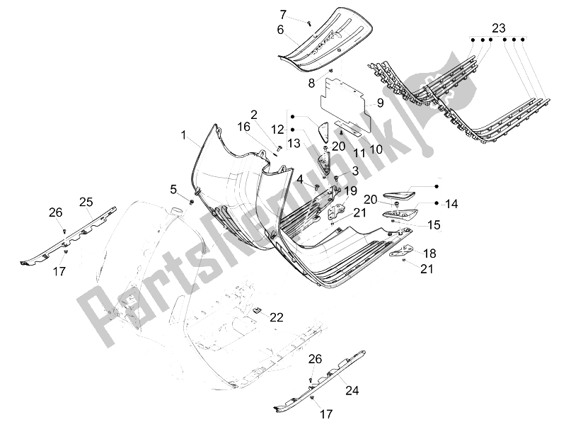 All parts for the Central Cover - Footrests of the Vespa Vespa 946 150 4T 3V ABS Armani Asia 2015