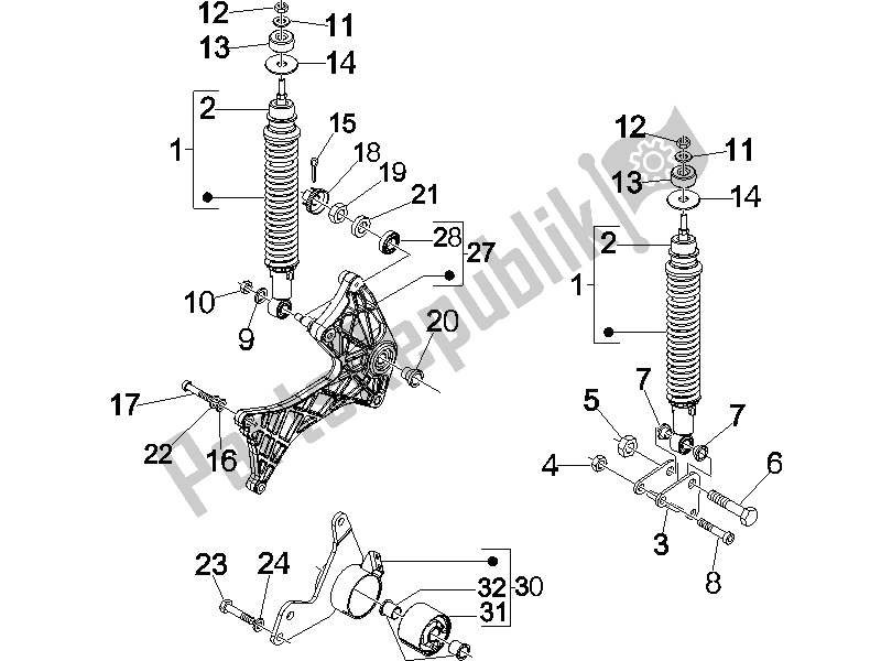 Todas las partes para Suspensión Trasera - Amortiguador / S de Vespa GTS 250 ABS 2005