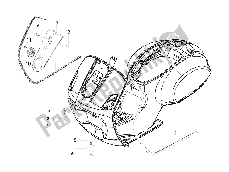 All parts for the Front Shield of the Vespa LX 125 4T IE E3 Touring 2010