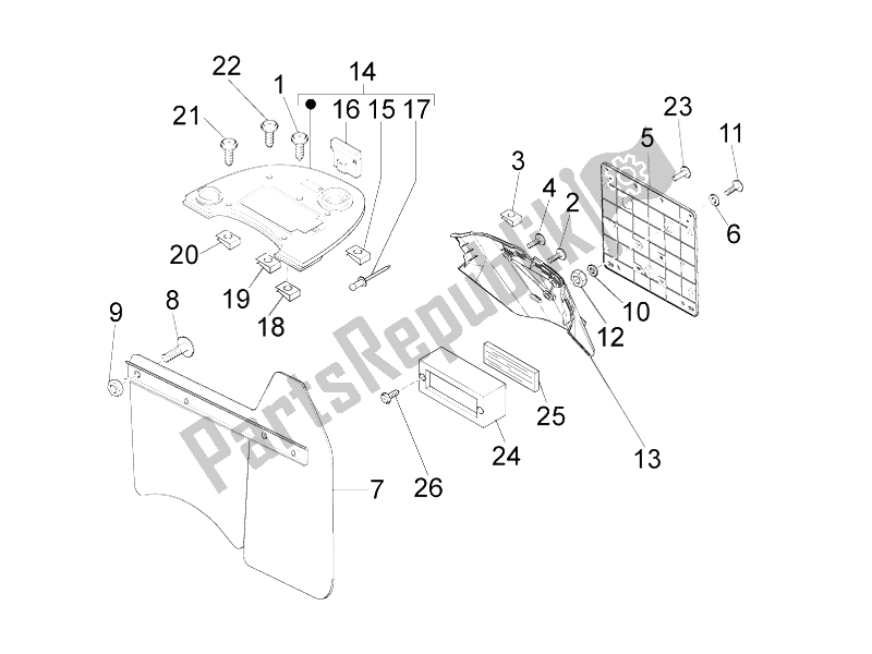 Toutes les pièces pour le Capot Arrière - Protection Contre Les éclaboussures du Vespa LXV 50 4T 25 KMH 2012