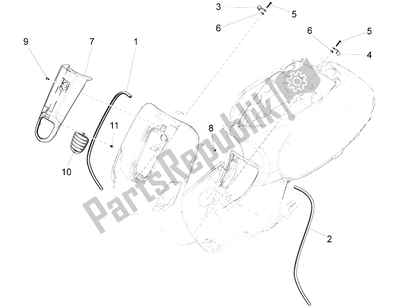 All parts for the Front Shield of the Vespa LX 150 4T 3V IE 2012
