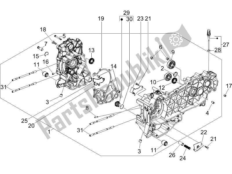 All parts for the Crankcase of the Vespa GTS 125 4T E3 UK 2007