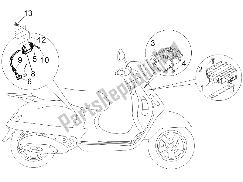 Alle onderdelen voor de Spanningsregelaars - Elektronische Regeleenheden (ecu) - H. T. Spoel van de Vespa Granturismo 200 L USA 2006