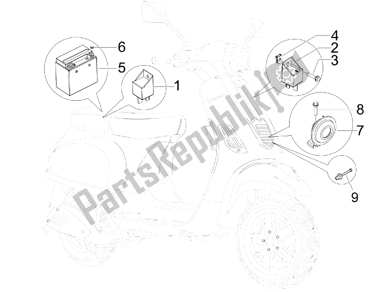 Toutes les pièces pour le Télécommandes - Batterie - Klaxon du Vespa S 125 4T E3 UK 2007