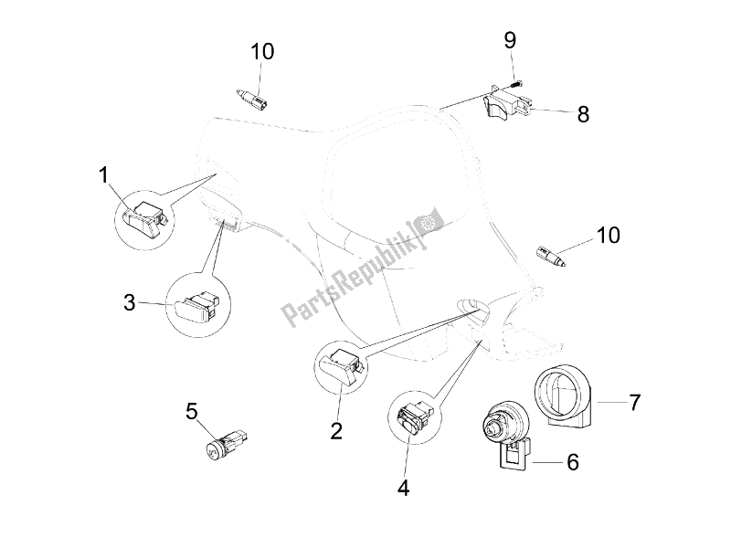 All parts for the Selectors - Switches - Buttons of the Vespa GTS 125 4T E3 UK 2007