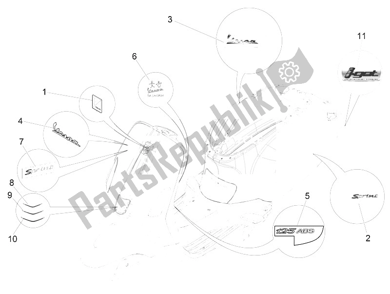 Toutes les pièces pour le Plaques - Emblèmes du Vespa Vespa Sprint Iget 125 4T 3V IE ABS Asia 2016