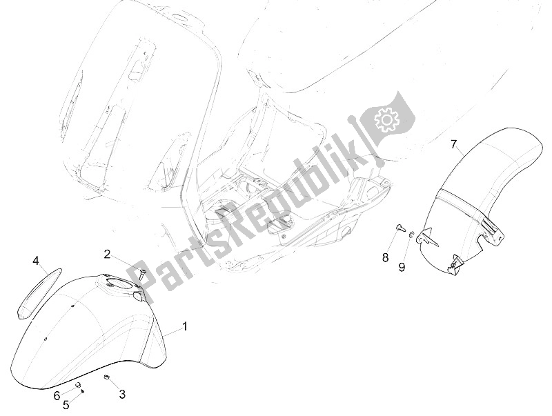 All parts for the Wheel Huosing - Mudguard of the Vespa Vespa Primavera 125 4T 3V Iget ABS EU 2016