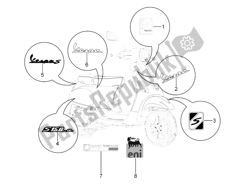 Toutes les pièces pour le Placas E Frisos du Vespa S 150 4T IE E3 Vietnam Indonesia 2011