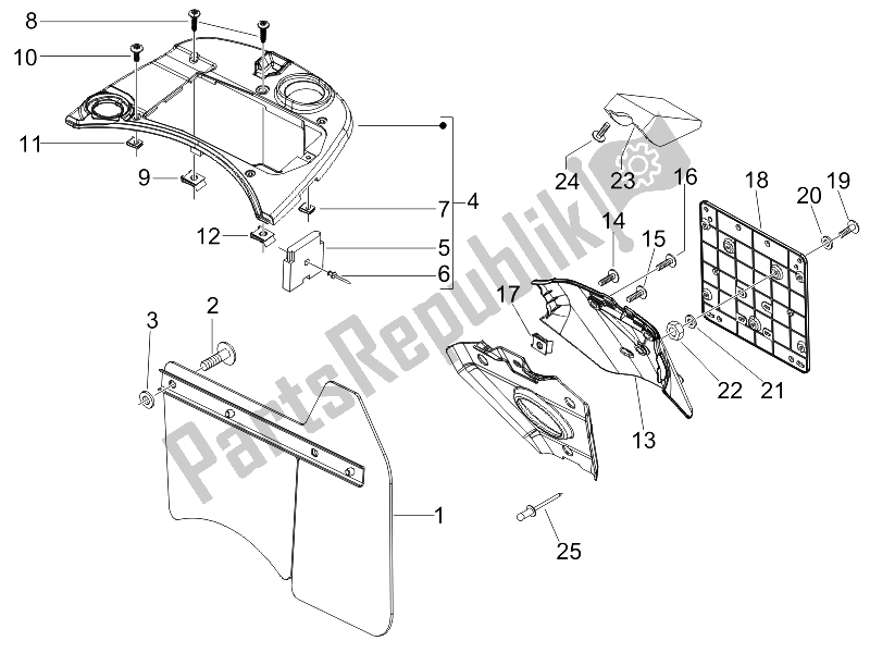 Toutes les pièces pour le Capot Arrière - Protection Contre Les éclaboussures du Vespa LX 50 4T USA 2009