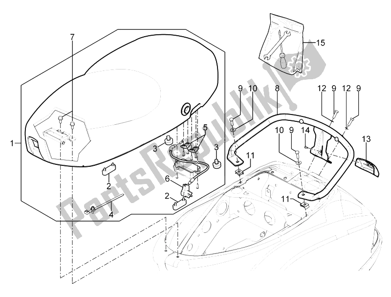 Alle onderdelen voor de Zadel / Stoelen van de Vespa Vespa S 125 4T 3V E3 IE Asia 2012