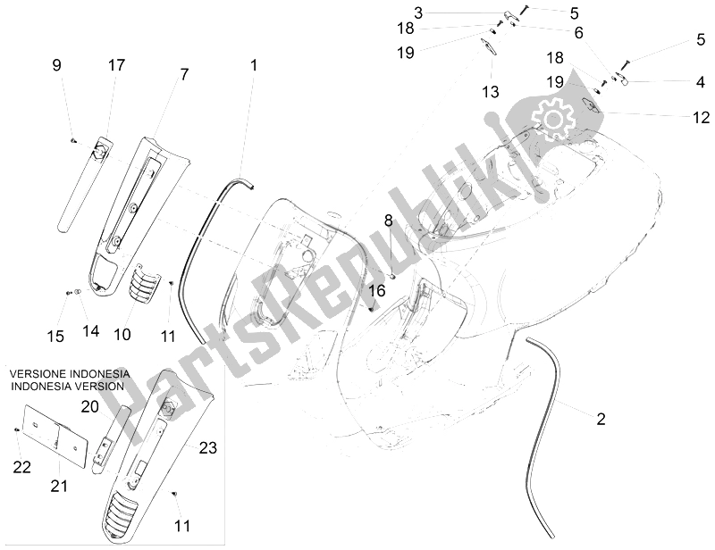 All parts for the Front Shield of the Vespa S 150 4T 3V IE Vietnam 2012