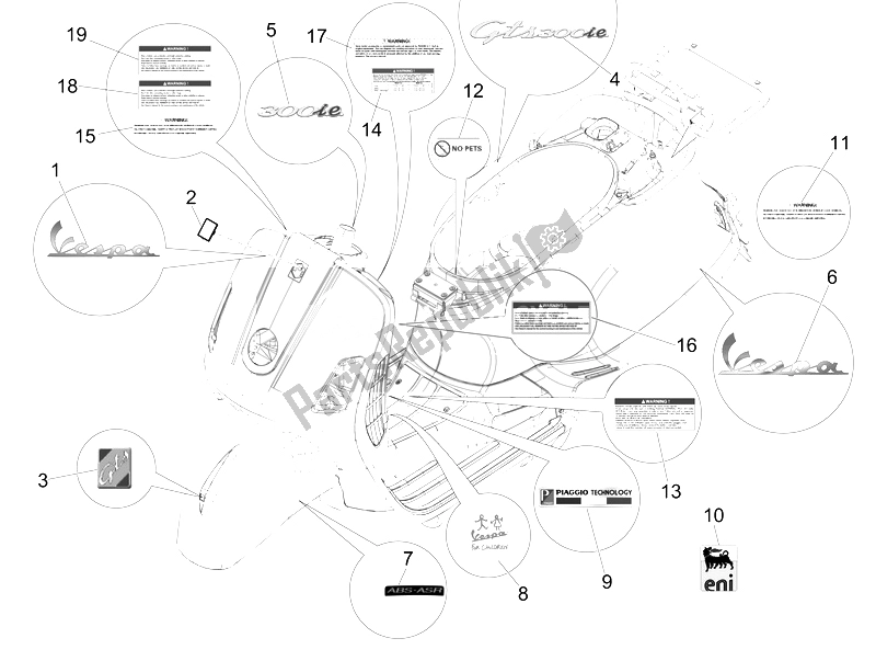 All parts for the Plates - Emblems of the Vespa GTS 300 IE ABS USA 2014