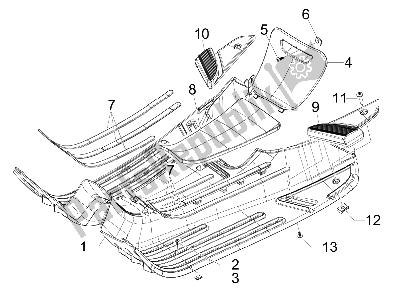 Tutte le parti per il Copertura Centrale - Poggiapiedi del Vespa S 125 4T E3 UK 2007