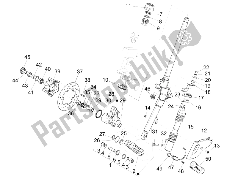 Alle onderdelen voor de Vork / Stuurbuis - Stuurlagereenheid van de Vespa 125 4T 3V IE Primavera Vietnam 2014