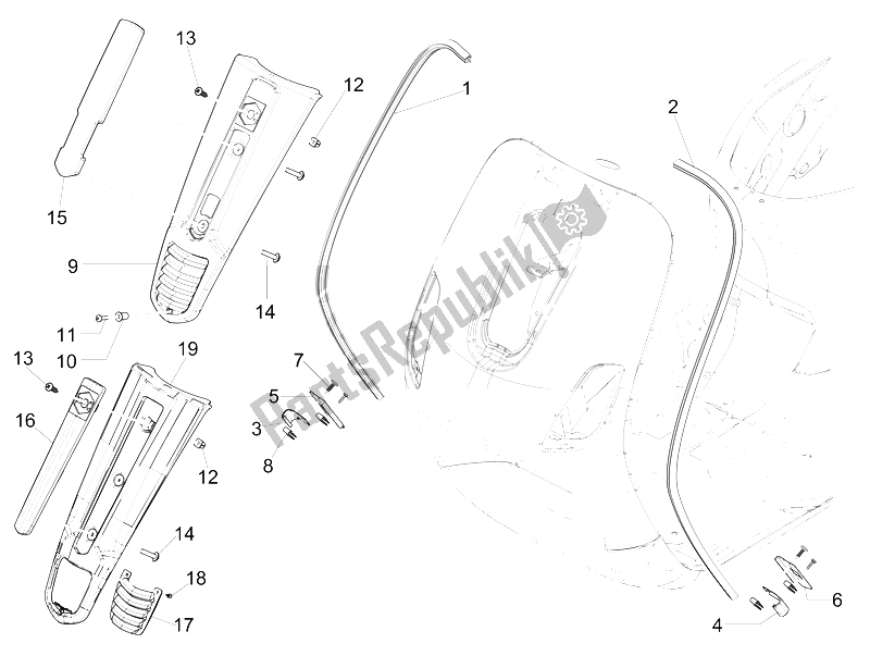 All parts for the Front Shield of the Vespa S 50 4T 4V College USA 2008