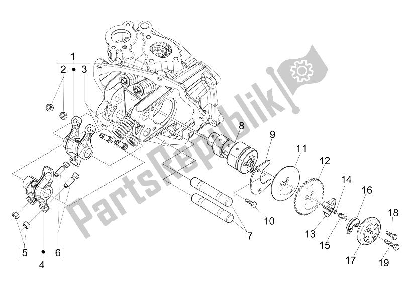 All parts for the Rocking Levers Support Unit of the Vespa GTS 300 IE Touring 2011