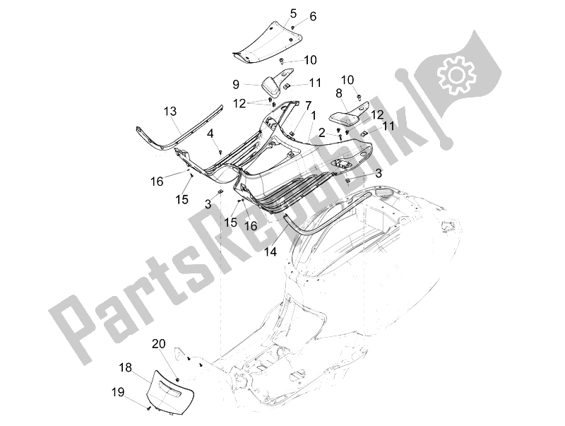 Alle onderdelen voor de Centrale Afdekking - Voetsteunen van de Vespa Primavera 50 2T 2014