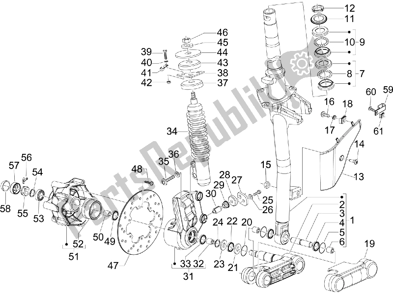 All parts for the Fork/steering Tube - Steering Bearing Unit of the Vespa Granturismo 200 L USA 2007