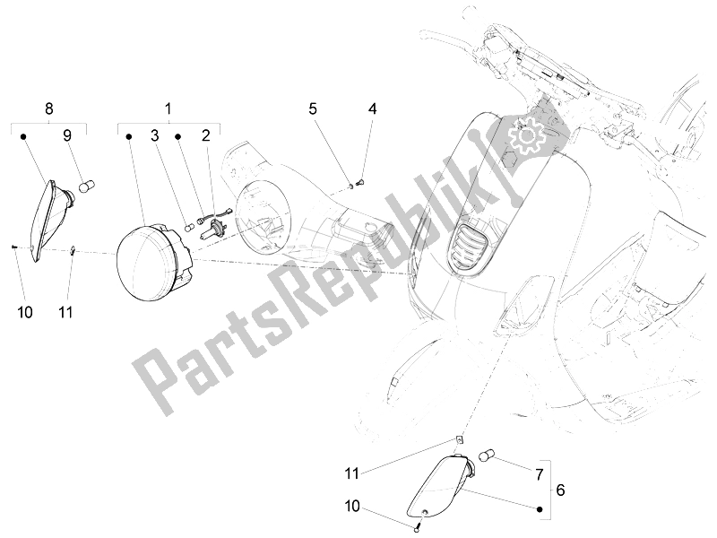 All parts for the Front Headlamps - Turn Signal Lamps of the Vespa LT 125 4T 3V IE E3 Vietnam 2014