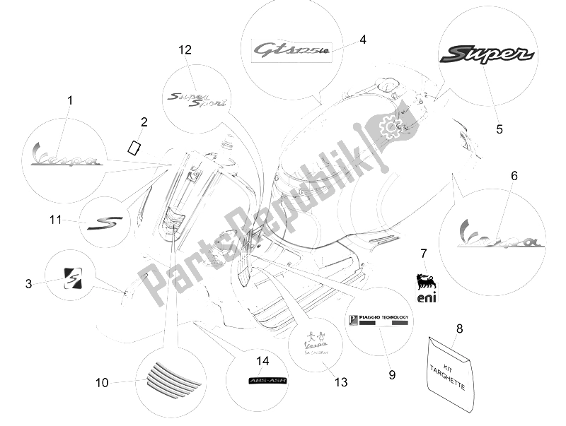 Todas las partes para Placas - Emblemas de Vespa GTS 125 4T IE Super E3 2009