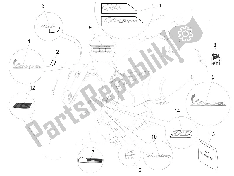 Toutes les pièces pour le Plaques - Emblèmes du Vespa Vespa GTS 125 4T E4 ABS EU 2016