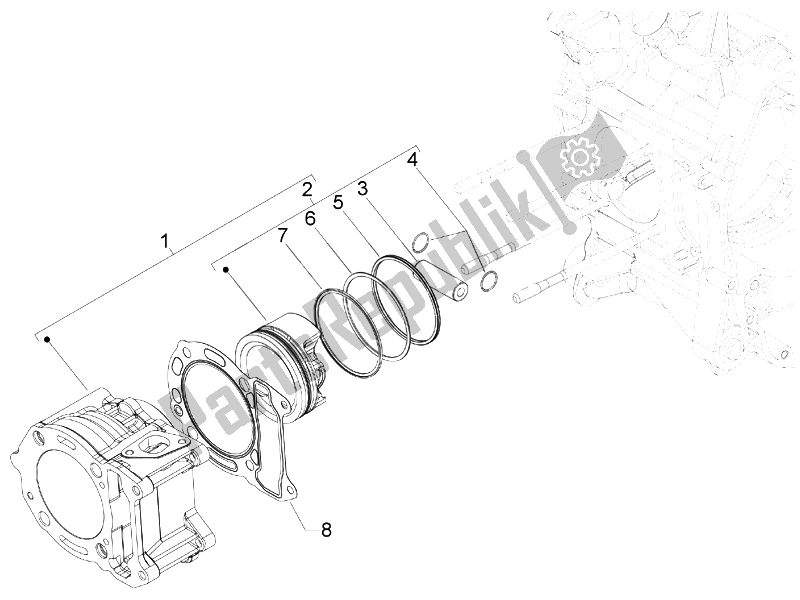 Alle onderdelen voor de Cilinder-zuiger-pols-peneenheid van de Vespa Granturismo 200 L USA 2007