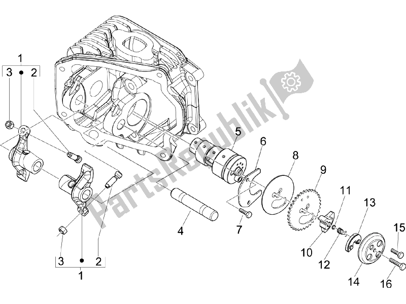 All parts for the Rocking Levers Support Unit of the Vespa LXV 125 4T Navy E3 2007
