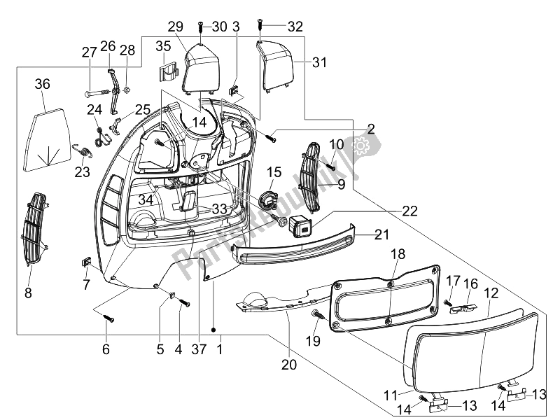 Tutte le parti per il Vano Portaoggetti Anteriore - Pannello Di Protezione Per Le Ginocchia del Vespa GTV 125 4T Navy E3 2007