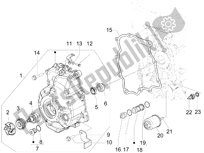 Toutes les pièces pour le Couvercle Magnéto Volant - Filtre à Huile du Vespa GTS 300 IE Super 2008