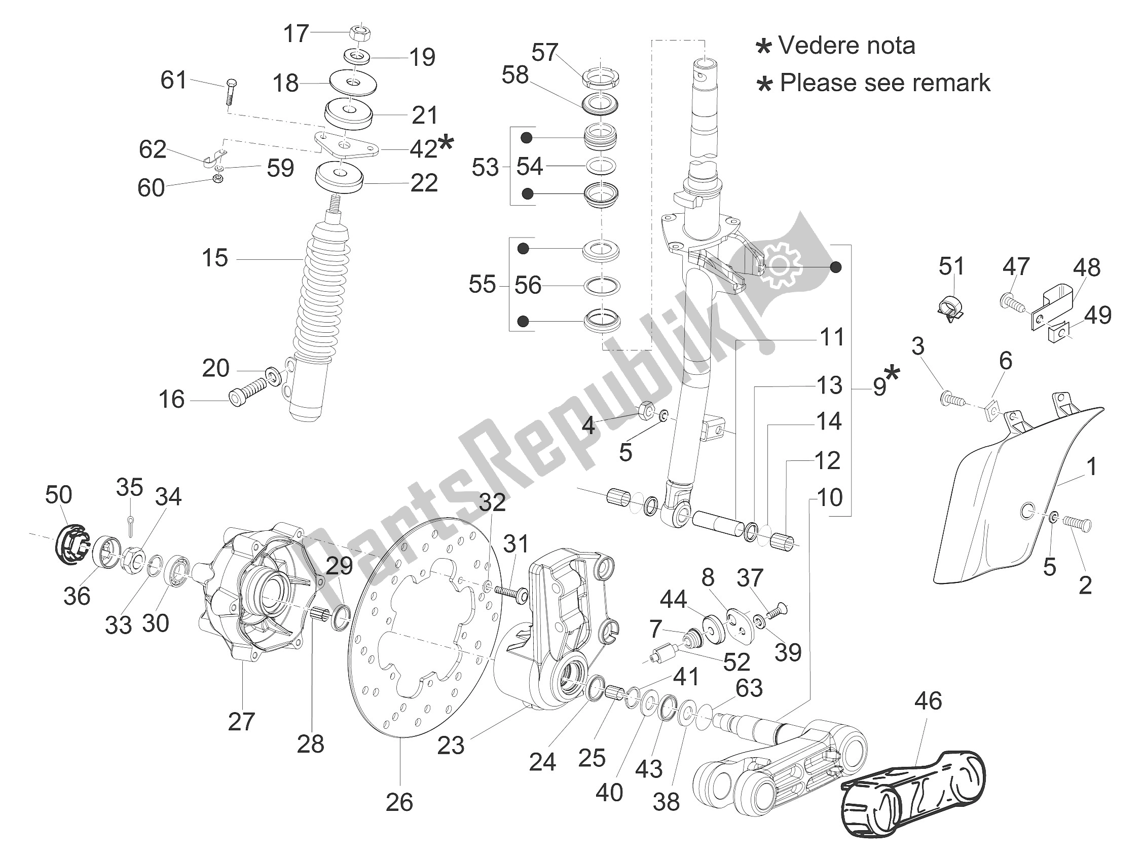 Alle onderdelen voor de Vork / Stuurbuis - Stuurlagereenheid van de Vespa GTS 250 USA 2005
