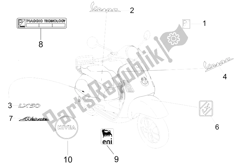 Tutte le parti per il Piatti - Emblemi del Vespa LX 50 4T 4V 2009