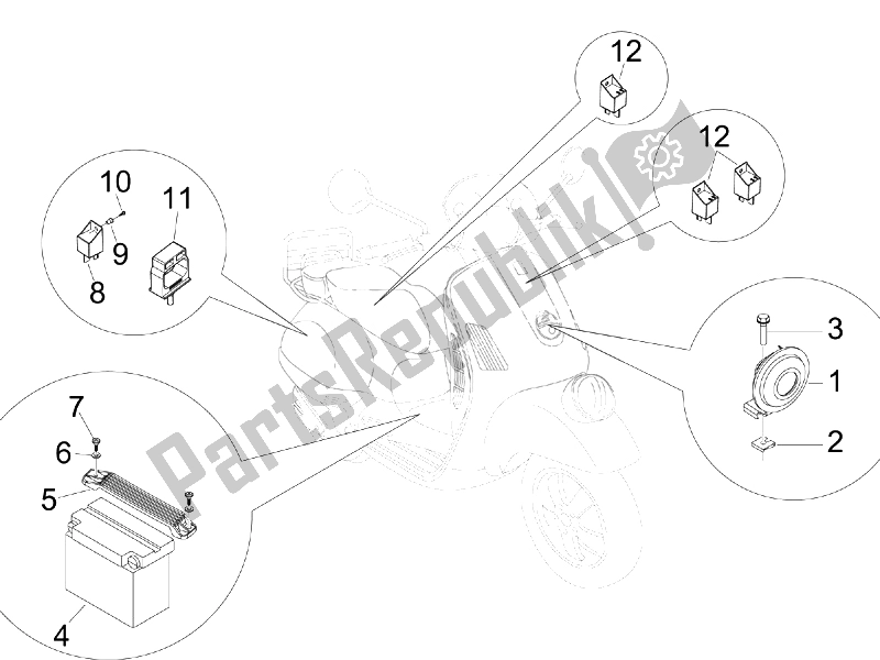 Tutte le parti per il Interruttori Del Telecomando - Batteria - Avvisatore Acustico del Vespa GTV 250 IE USA 2007