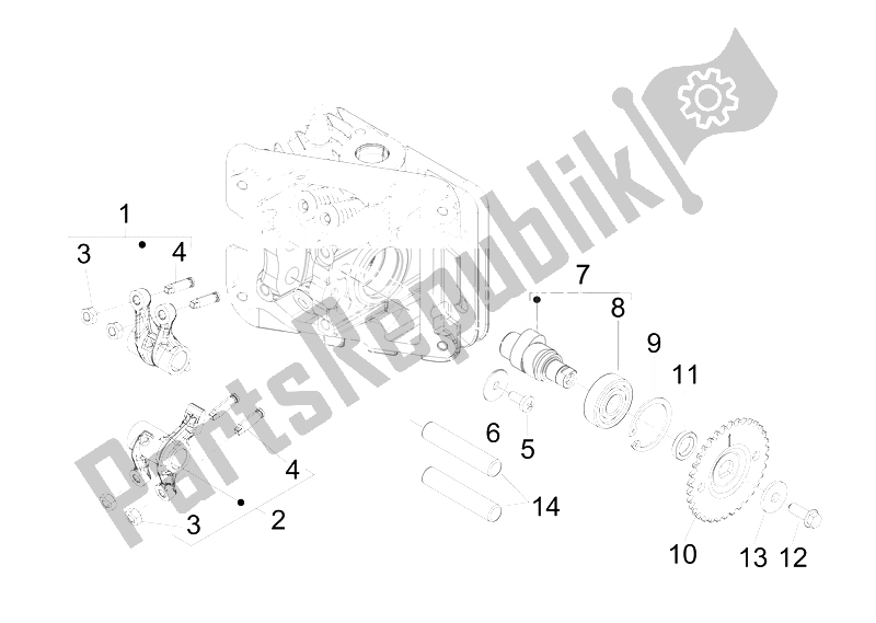 All parts for the Rocking Levers Support Unit of the Vespa Vespa Sprint 50 4T 4V USA Canada 2014