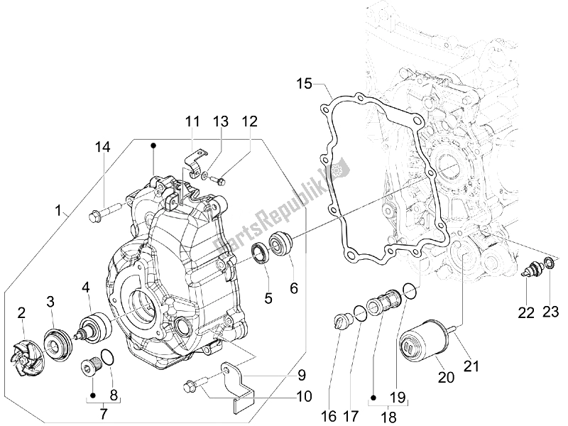 Alle onderdelen voor de Vliegwiel Magneto Deksel - Oliefilter van de Vespa GTS 300 IE ABS USA 2014