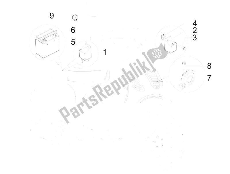 Tutte le parti per il Interruttori Del Telecomando - Batteria - Avvisatore Acustico del Vespa S 125 4T IE E3 College 2009