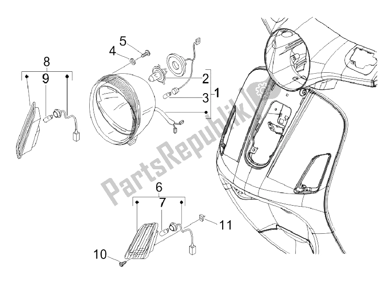 Toutes les pièces pour le Phares Avant - Clignotants du Vespa LX 125 4T IE E3 Vietnam 2011