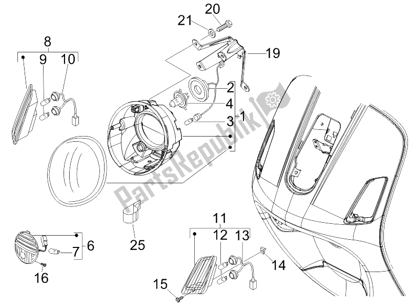 Toutes les pièces pour le Phares Avant - Clignotants du Vespa GTV 125 4T E3 2006