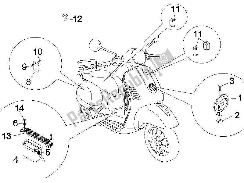 Toutes les pièces pour le Télécommandes - Batterie - Klaxon du Vespa GTS 250 UK 2005