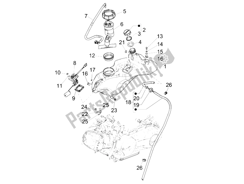 All parts for the Fuel Tank of the Vespa 150 Sprint 4T 3V IE 2015