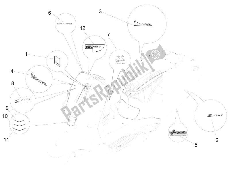 Toutes les pièces pour le Plaques - Emblèmes du Vespa Vespa 150 Sprint Iget 4T3V IE Asia 2016