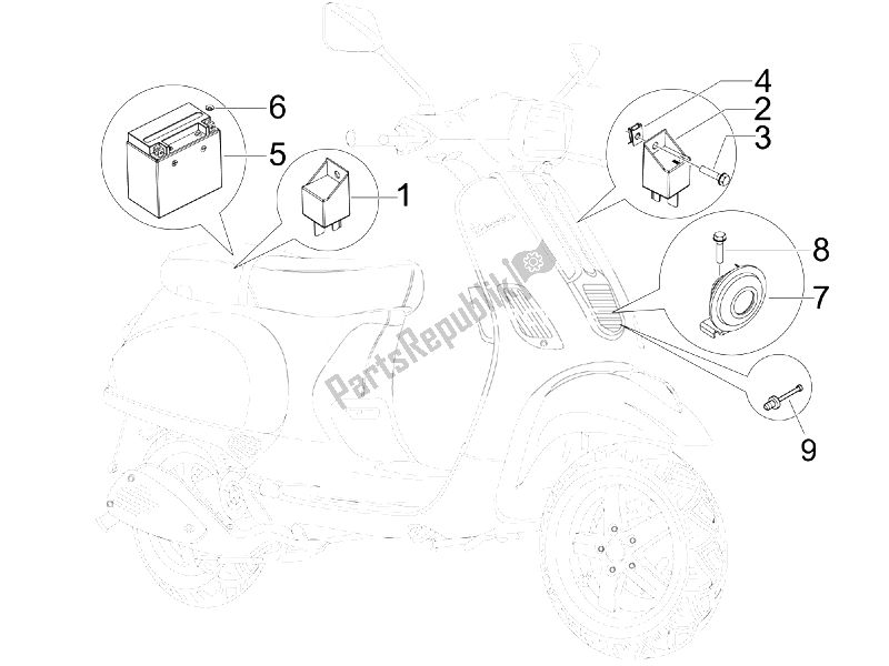 All parts for the Remote Control Switches - Battery - Horn of the Vespa S 125 4T E3 2007