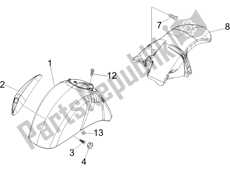 All parts for the Wheel Huosing - Mudguard of the Vespa GTS 125 4T E3 UK 2007