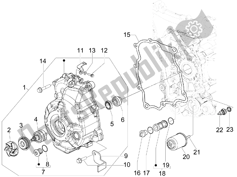 All parts for the Flywheel Magneto Cover - Oil Filter of the Vespa GTS 300 IE Super Sport 2010