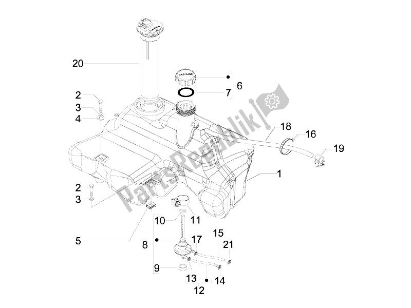 All parts for the Fuel Tank of the Vespa LX 50 2T E2 Touring 30 KMH 2010