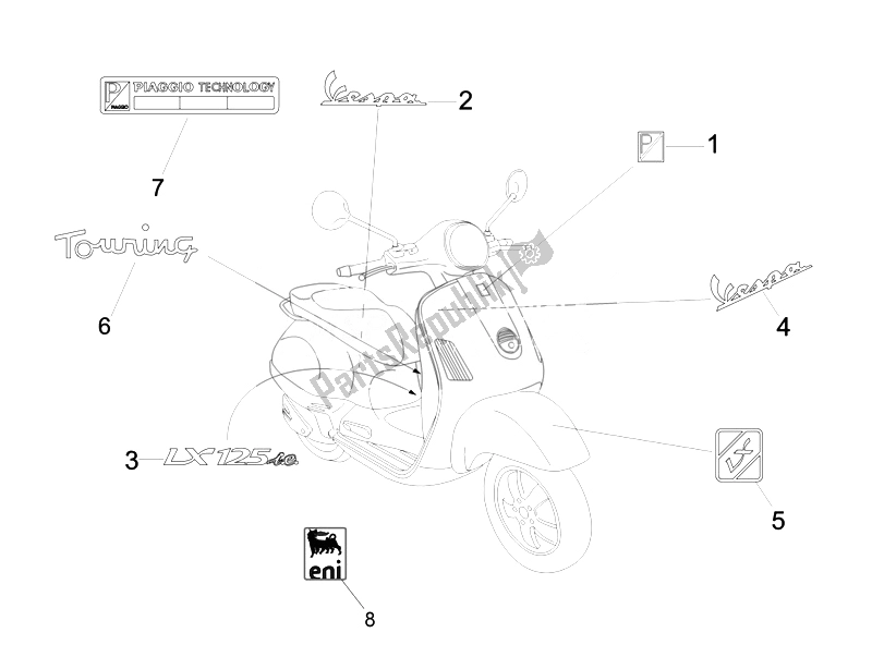 Toutes les pièces pour le Plaques - Emblèmes du Vespa LX 125 4T IE E3 Touring 2010