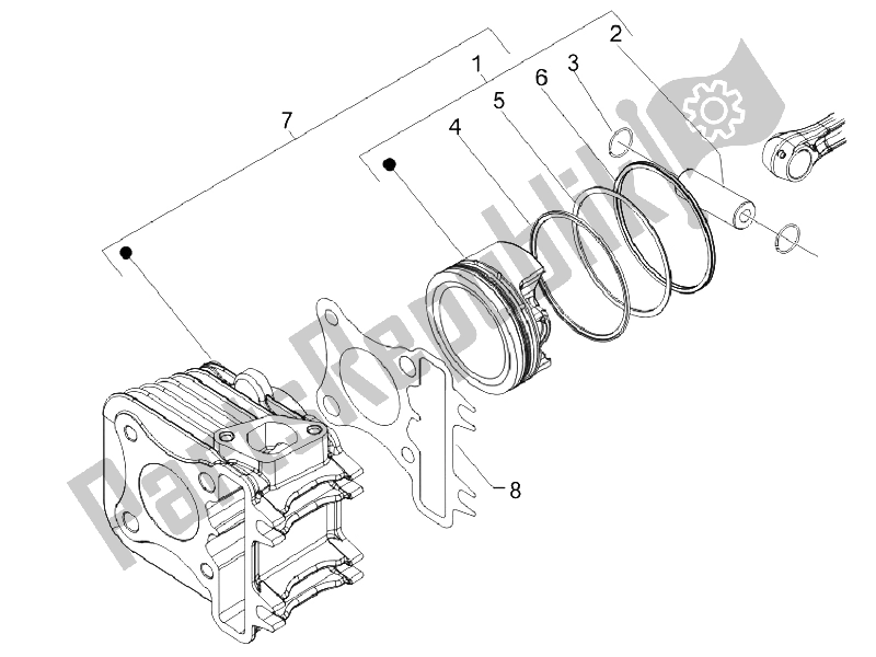 All parts for the Cylinder-piston-wrist Pin Unit of the Vespa LX 150 4T E3 Vietnam 2009