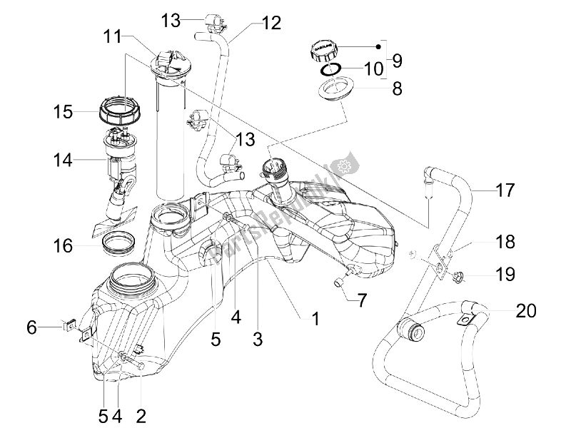 All parts for the Fuel Tank of the Vespa GTS 300 IE USA 2009