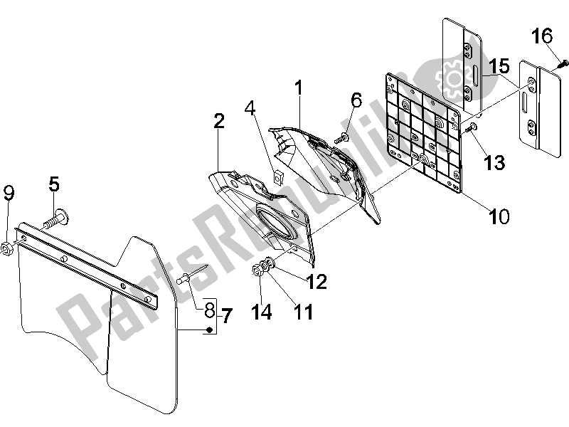 Toutes les pièces pour le Capot Arrière - Protection Contre Les éclaboussures du Vespa GTS 125 4T E3 2007