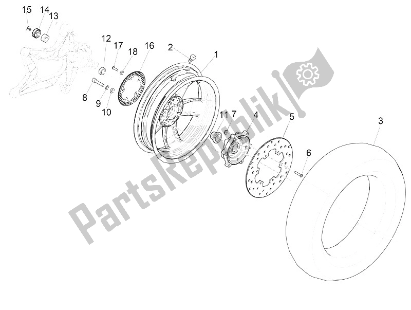 All parts for the Rear Wheel of the Vespa Vespa GTS 125 4T E4 ABS EU 2016